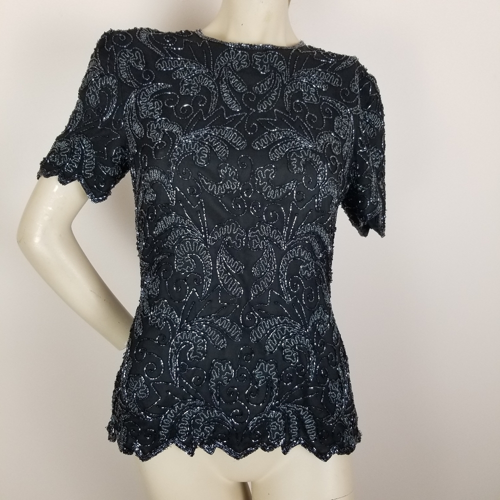 Vintage Papell boutique Black beaded silk Top Whimsigoth, Goth, Fairycore